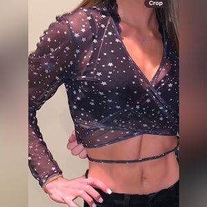 NastyGal sheer long sleeve tie front crop top